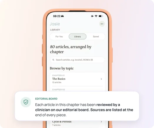 Un chapitre de la bibliothèque de Josie avec une note indiquant que chaque article a été relu par un soignant du comité éditorial