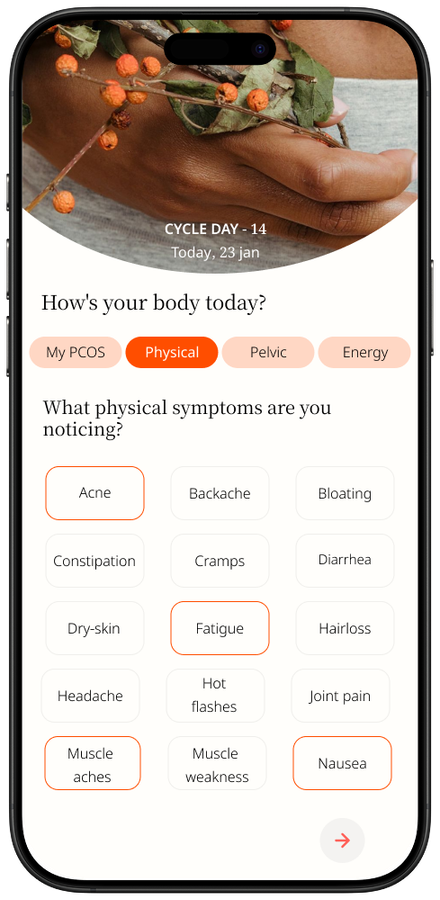 Josie comprehensive PCOS symptom list — 50+ trackable symptoms
