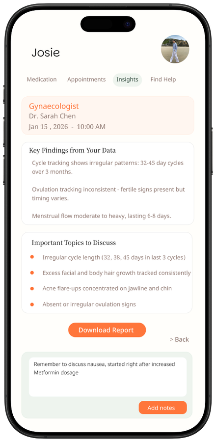 Josie appointment prep screen with visit report generator for doctor appointments