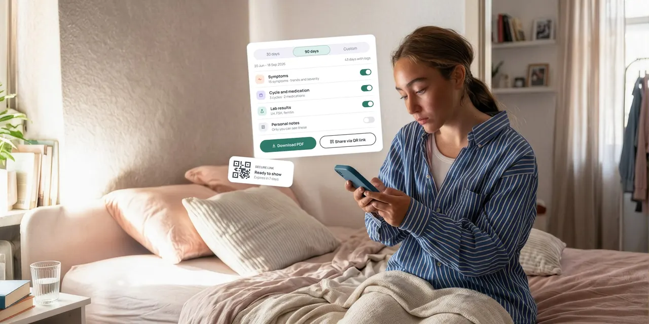 Eine Frau wählt die Abschnitte ihres Berichts aus, bevor sie ihn herunterlädt oder einen QR-Link teilt